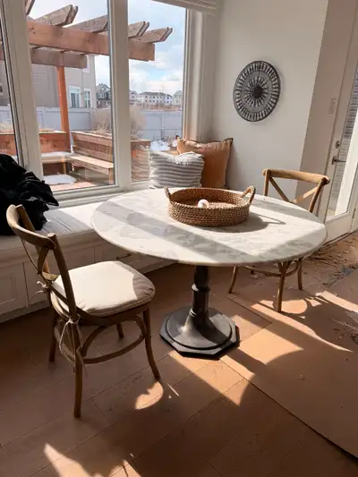 West Elm Anton Marble Pedestal Table + 2 Chairs | $1,299, View more