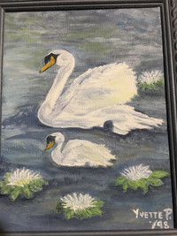 Swans in pond oil painting