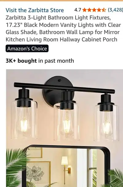 ✨ Zarbitta 17.23" 3-Light Modern Black Vanity Light Fixture, View more