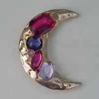 Vintage Crescent Moon gold tone brooch pin with crystals