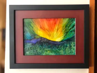 “Landscape Kaleidoscope”, original alcohol ink on canvas board by local artist (seller). Total frame...