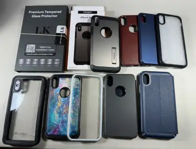 Various iPhone X / XS cases and a box of 2 tempered protection glass to fit iPhones X / XS. No longe...