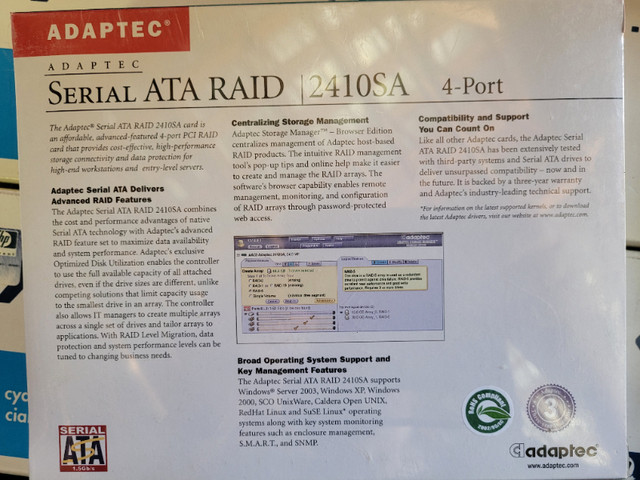 New Old Stock (sealed) Adaptec Serial ATA Raid Card – 2410SA in System Components in Muskoka - Image 3