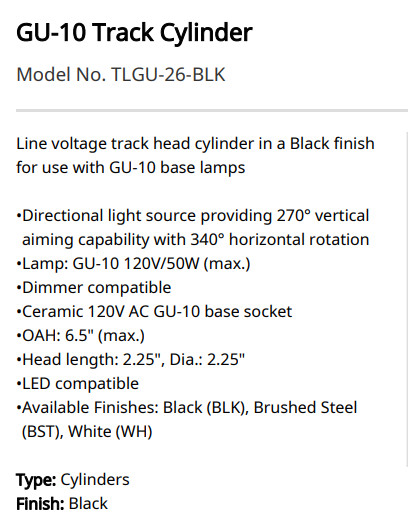Kendal Lighting TLGU-26-BLK GU-10 Track Cylinder Black LED comp. dans Éclairage intérieur et plafonniers  à Laval/Rive Nord - Image 2