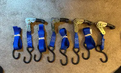 I'm offering a set of used Erickson ratchet tie downs, each measuring 1 inch by 10 feet and capable...