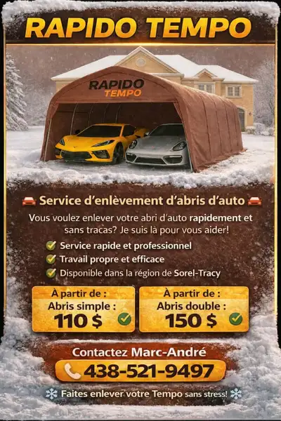 Désinstallation d'abris auto ! Nous offrons un service pour tout les gens qui ont besoin de bras et...