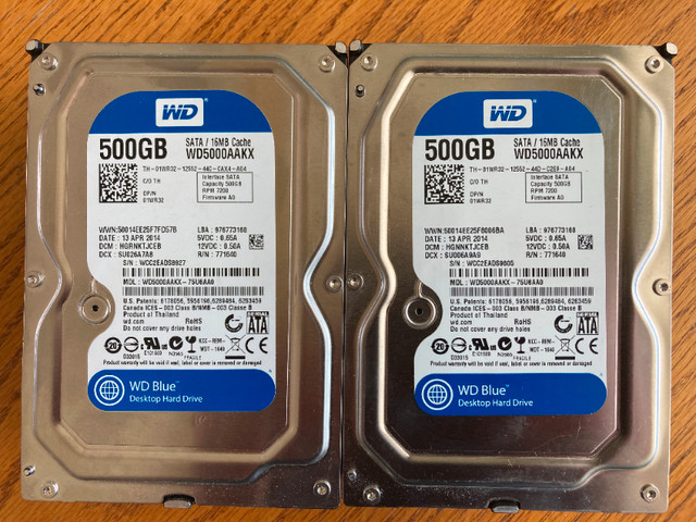 WD Blue 3.5" Desktop Hard Drive, 500GB, 7200RPM - $10. in System Components in Saskatoon - Image 2