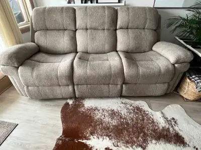 Reclining sofa. “Denver” chenille fabric. Greyish/brown tweed colour. Three years old. No smoking, n...