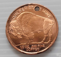 1/2oz .999 Fine Copper Golden State Mint Buffalo Coin Drilled Pe