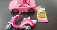 Barbie car, moped & new outfit $10 for all 3