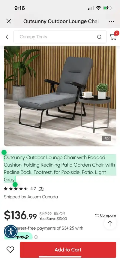 Outsunny Outdoor Lounge Chair with Padded Cushion, Folding Recli, View more