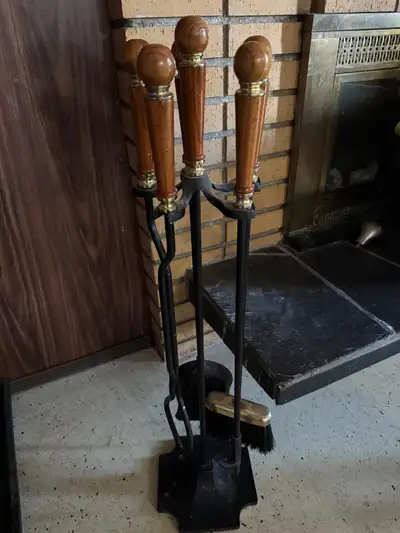 Beautiful 5 piece Teak Wood Rod Iron  Mid Century Fireplace Set, View more
