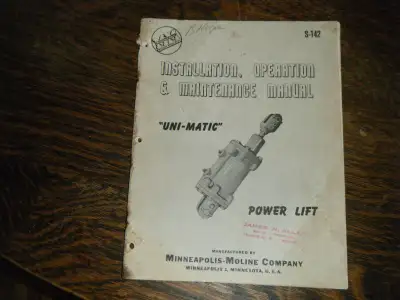 Minneapolis Moline HK Power Lift Installation Operation Manual shipping available at your cost any q...