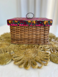 Vintage Fabric Lined Wicker Basket Box with Lid