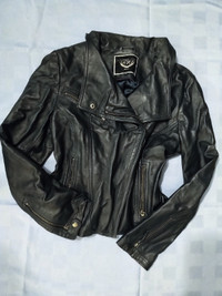 Women's Navy Leather Jacket, biker style - size Lrg