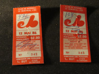 2 BILLETS    EXPOS DE MONTRÉAL 12 MAI 1986