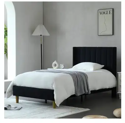 Twin Bed Frame, Upholstered Headboard，Black, View more