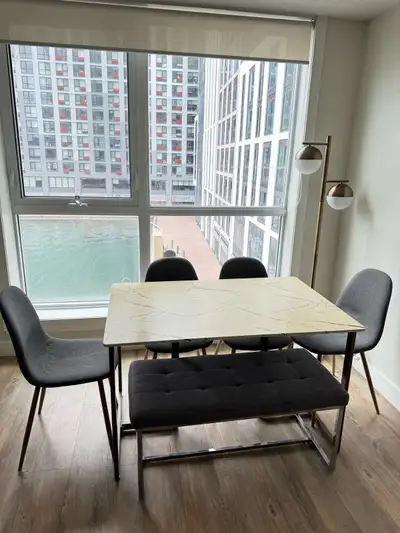 Dining set - 4 chairs, 1 bench, and a dining table., View more