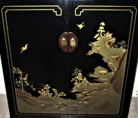 Vintage Wooden TV Case w/ Black Lacquer and Gold Painted Scene