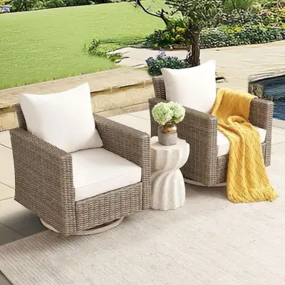 2-Piece Wicker Swivel Outdoor Rocking Chairs with Beige Cushions, View more