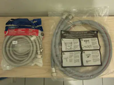 Brand new stainless steel and plastic hoses for a washer machine, View more