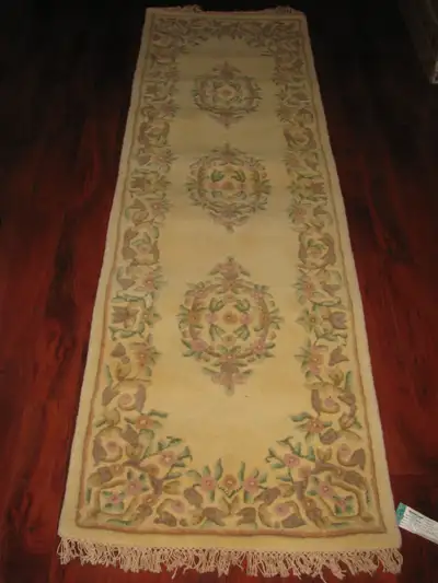 Triple Medallion Floral Wool Rug Runner - Hand Made, View more