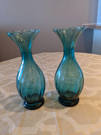 Pair of Peacock Blue Mid Century Glass Vases