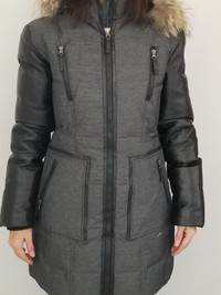 Manteau d'hiver Oxygen, vraie fourrure et manches en cuir en S