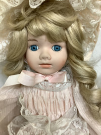 Vintage Porcelain Doll Blonde Wavy Hair and Blue Eyes