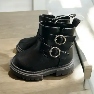 Cat & Jack Girl's Toddler Buckle Black Combat Chunky Boots Sz 5T, View more