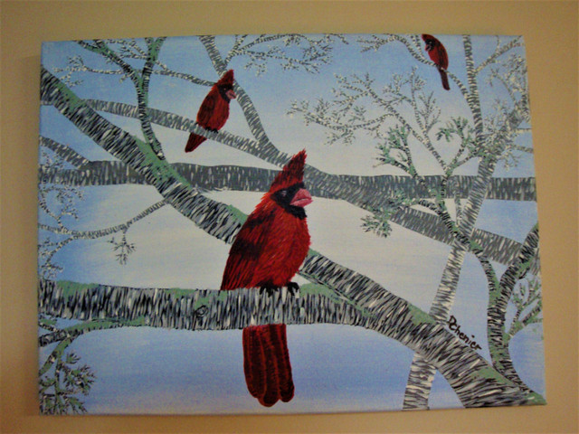 Acrylic Painting, Cardinals on Branch in Arts & Collectibles in Sudbury - Image 2