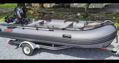 New trailer, boat 12.5 feet, and 2021 20hp 4 stroke fi motor with apx 2 hrs on it. Storage in the fr...