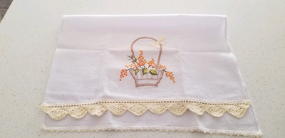 New handmade embroidered tea/dish towel with crocheted edges. Made from 100% natural cotton, it's ma...