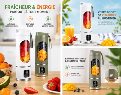 BLENDER PORTABLE - FRAÎCHEUR & ÉNERGIE À TOUT MOMENT! ✨ JUS FRAIS EN 30 SECONDES • Batterie puissant...