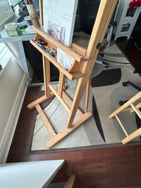 solid oak artist's easel, 3 new canvas in wrapper, stool, etc.