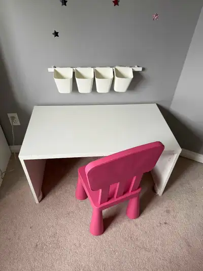 Children's desk, bookcase, chair, and organizer, View more