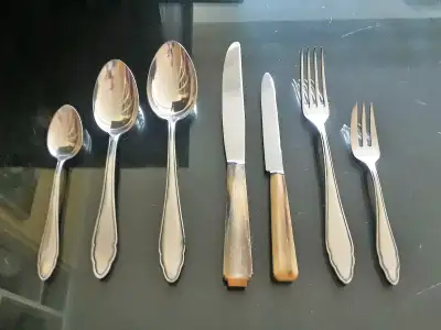 Full set for 6 persons or 42 pieces of antique European silverware: includes soup, dessert and tea s...