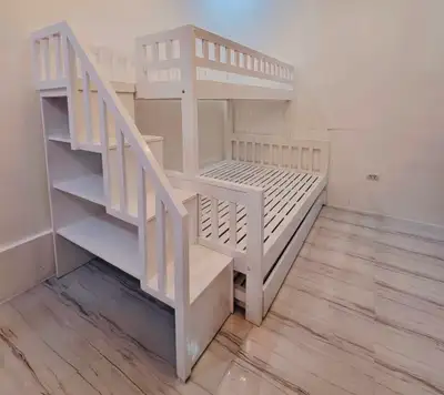 Solid Wood White Bunk Bed Staircase Storage Bookshelf Trundle Dr, View more