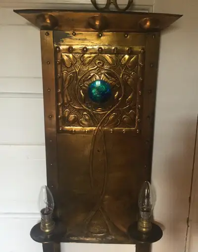 Arts & Crafts Glasgow School Brass Enamel Wall Sconce, c.1905, View more