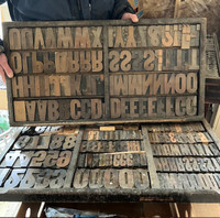 6 Vintage Wooden Press Letters/Numbers and Trays