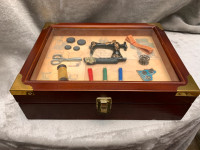 LARGE WOODEN SEWING BOX SHADOW BOX UNIQE BRASS HINGES