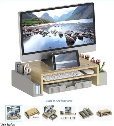 Wooden Monitor Stand Riser + Bonus Storage Tray - Ready to Use, View more
