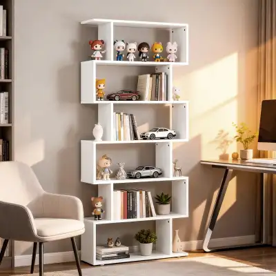 White 76" 6-Tier Geometric Wooden Bookcase S Shaped Storage , View more