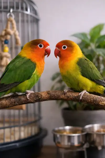 2 Lovebirds + Cage, View more