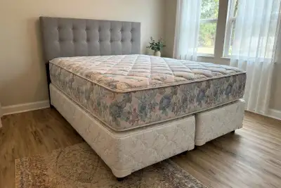 KING SIZE Bed Set - Grey Headboard, Box Spring, Frame & Mattress, View more