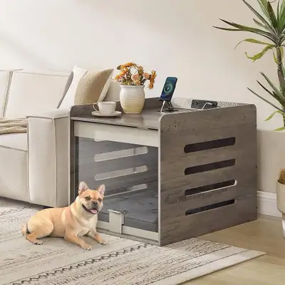 Modern Dog Crate Furniture w/Charging Station, Heather Greige., View more