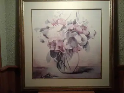 Fleurs - flower: Peonies in a Glass Vase by Janet Brignola-Tava, Art Print. Gold colored frame. 40"...