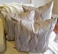 3 CUSTOM MADE TAUPE CUSHIONS WITH FEATHER INSERTS