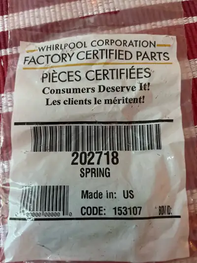 Genuine Whirlpool washing machine parts. Spring kit $20 Seal kit $10 Pick up in NW Whitby