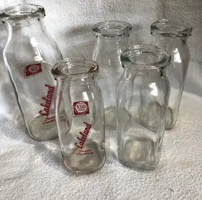 5 Vintage Milk Bottles. 2 Lakeland and 3 Unbranded., View more
